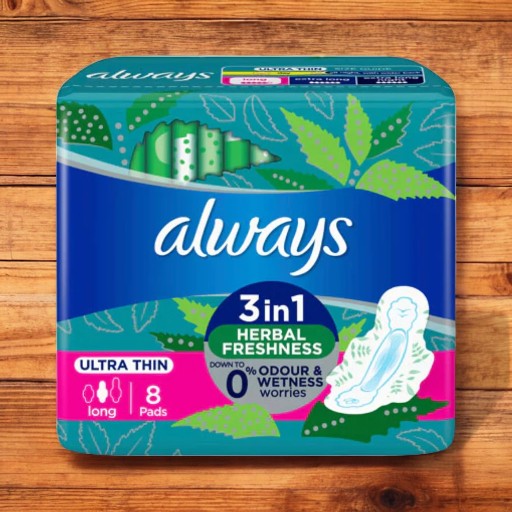 Always 3 IN 1 Herbal Refreshness No Leaks, Irritation & Odour Worries Ultra Thin Long 8 Pads