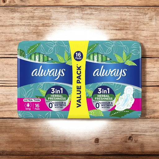 Always 3 IN 1 Herbal Refreshness No Leaks, Irritation & Odour Worries Ultra Thin Long 16 Pads