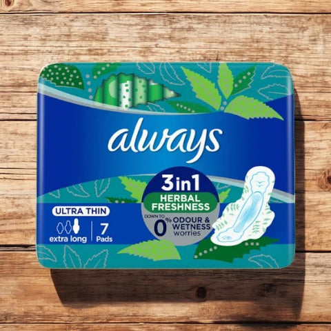 Always 3 IN 1 Herbal Refreshness No Leaks, Irritation & Odour Worries Ultra Thin Extra Long 7 Pads