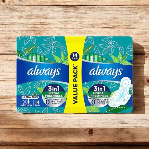 Always 3 IN 1 Herbal Refreshness No Leaks, Irritation & Odour Worries Ultra Thin Extra Long 14 Pads