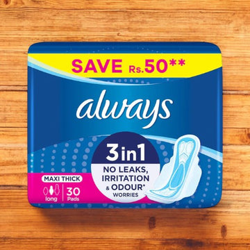 Always 3 IN 1 No Leaks, Irritation & Odour Worries Maxi Thick Long 30 Pads