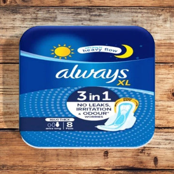 Always XL Heavy Flow 3 IN 1 No Leaks, Irritation & Odor Worries Maxi Thick Extra Long 8 Pads