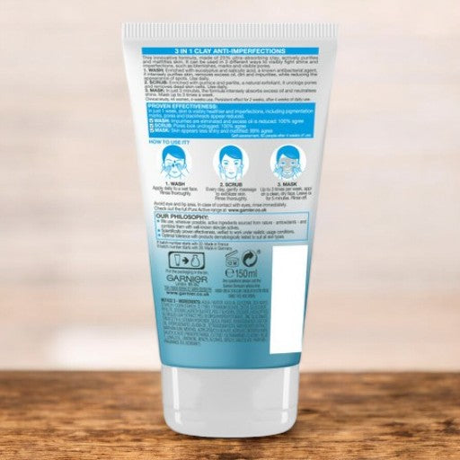 GARNIER Pure Active 3 in1 Clay Wash, Scrub, Mask
